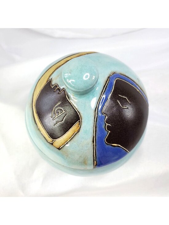 Mara Other - Mara Signed Mex Lidded Sugar Bowl Two Faces Abstract Stoneware Pottery Mexico